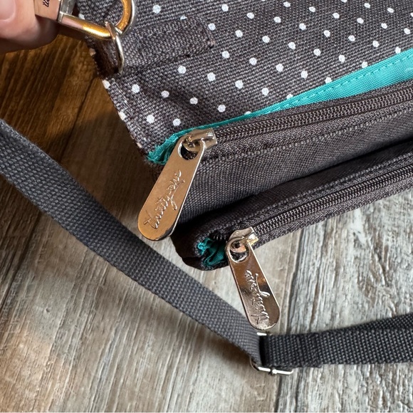 Thirty One Double Up Crossbody Purse Gray White Polka Dot With Turquoise Lining - Picture 7 of 10